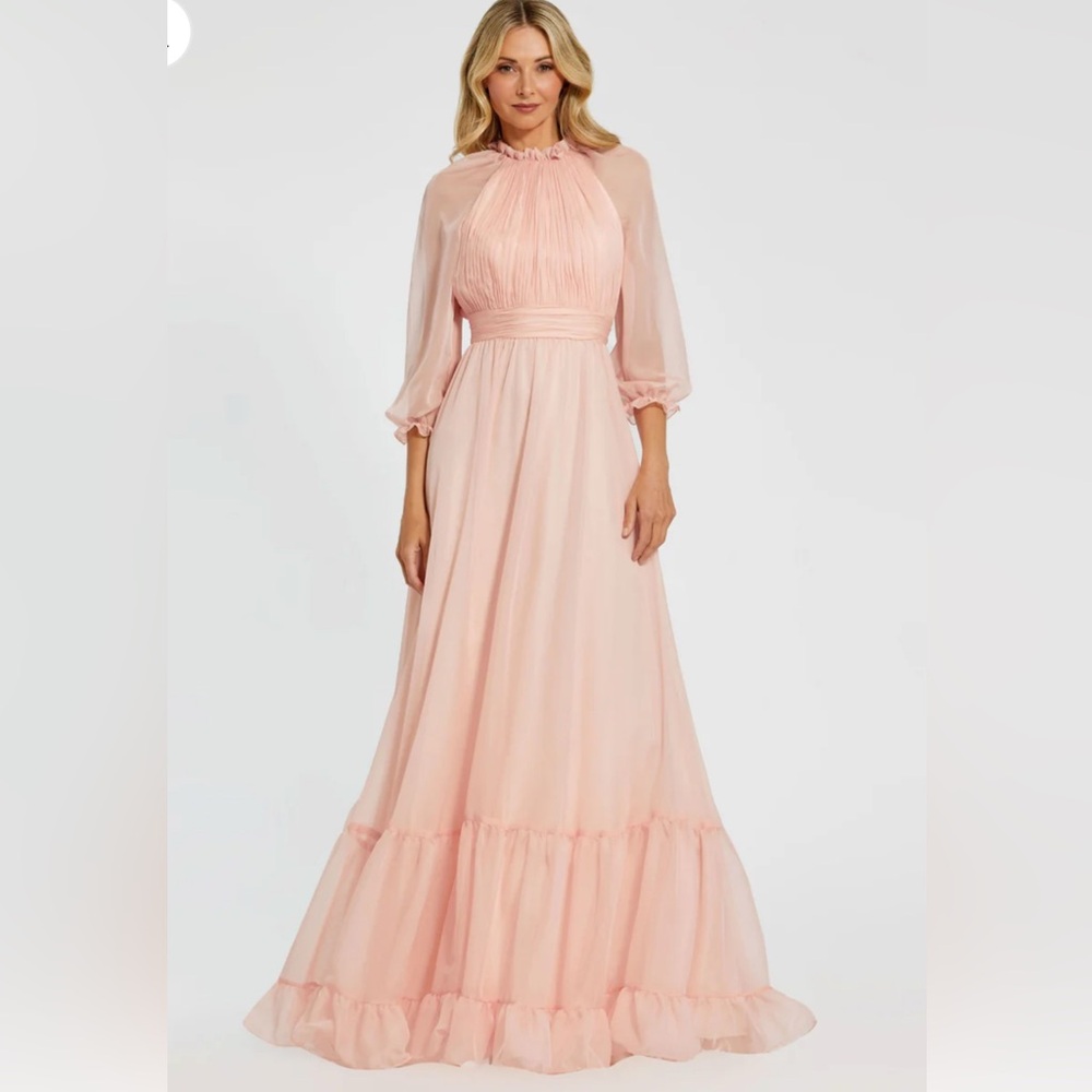 Mac Duggal Vintage Pink Sheer Sleeve Gathered Chiffon A-Line Dress